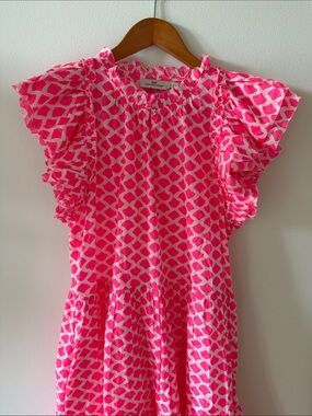 Vineyard Vines Neon Pink Patterned Ruffle Sleeve Dress Preppy Garden Party
